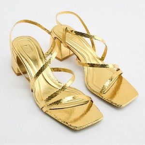 ZARA MID HEIGHT BLOCK HEEL SANDALS GOLD